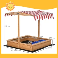 Outsunny Arenero Infantil de Madera con Techo Inclinable Ajustable en Altura y 2 Cubetas de Plástico Cajón de Arena de Jardín para Niños +3 Años 107,5x107,5x110 cm Natural(m-3)