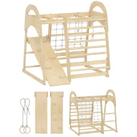 AIYAPLAY 6 in 1 Kids Climbing Frame with Slide, Monkey Bars, Gymnastics Rings, Ladder, Climbing Net, for 3-6 Years, Natural Tone(m-1)