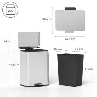 HOMCOM Mülleimer 20 L Treteimer mit Softclose-Deckel, Pedal, abnehmbar Inneneimer Silber, 34,2 x 30,6 x 44,2 cm(m-3)