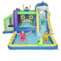 AIYAPLAY 8-in-1 aufblasbar Hüpfburg mit Hai-Design Gebläse Rutsche Planschbecken Trampolin für 3–8 Jahre 405x345x235cm Mehrfarbig(m-11)