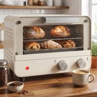 HOMCOM Mini Oven, Small Toaster Oven with Glass Door, Adjustable Temperature and Timer, Accessory Included, 750W, Cream White(m-8)