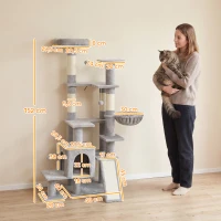 PawHut Arbre à Chat 5 niveaux 152cm, Niche, Hamac, Plateforme, Poteaux à Griffer, Balles Suspendues, Gris Clair(m-3)
