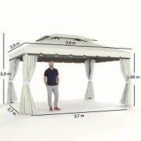 Outsunny Tonnelle de jardin extérieur 4 x 3 m, barnum avec toit double, rideaux et moustiquaire, tente de réception en aluminium, tonnelle pour terrasse patio mariage baptême, crème(m-3)
