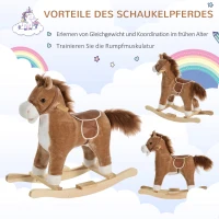HOMCOM kinderschommel paardpluche bruin 65 x 32,5 x 61 cm met dierengeluiden speelgoed handgrepen(m-7)