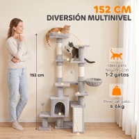 PawHut Árbol Rascador para Gatos 152 cm Multinivel con Cueva Hamaca Cama Escalera Rascadora 4 Postes de Sisal Bolas Gris Claro(m-4)