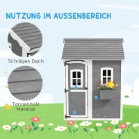 Outsunny Speelhuis voor kinderen, huis voor binnen en buiten met deur, ramen en plantenbak, dennenhout, grijs(m-5)