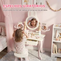 AIYAPLAY Penteadeira Infantil de Maquilhagem com Banco, Espelhos Giratórios, Gaveta e Acessórios e Bandejas, Rosa, +3 Anos(m-6)