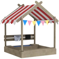 Outsunny House-Designed Wooden Sandbox, Outdoor Sandpit, with Blackboard, Toys, Sink, Seats, Flags, for Ages 3-7 Years - Grey(m-1)
