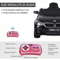 HOMCOM Macchina Elettrica per Bambini BMW 6GT 6V, Macchina Telecomandata con Musica e Fari LED, MP3, Clacson, 106 x 64 x 51 cm, Nero(m-7)
