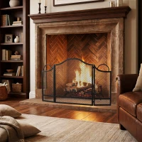 HOMCOM Floral 3-Panel Folding Fireplace Screen for Hearth Protection, Heat-Resistant Metal Fire Spark Guard, Black(m-9)