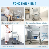 HOMCOM Chaise percée adulte à roulettes, chaise percée de douche avec repose-pieds, dossier et accoudoirs, 53x97x97cm, gris(m-4)
