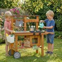 AIYAPLAY Wooden Mud Kitchen with Wheels, Stove, Faucet, Flower Pots, Stainless Steel Accessories for Toddlers 3-6, Brown(m-10)