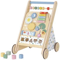 AIYAPLAY Trotteur Bebe en Bois, Chariot de Marche Bébé avec Centre d'Activités, Vitesse Réglable et 5 Blocs, dès 18 Mois, Naturel(m-19)