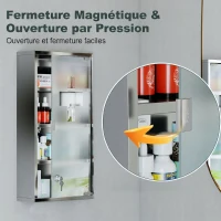 HOMCOM Armoire à Pharmacie 3 étagères 4 Niveaux 30L x 12l x 60H cm Porte Verre trempé Symbole Croix Acier Inoxydable brossé(m-4)