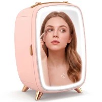 HOMCOM Nevera para Cosméticos Pequeña con 6L Capacidad con Puerta con Espejo y Luces LED Ajustables 24,3x19,4x35,6 cm Rosa(m-13)