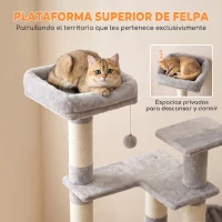 PawHut Árbol Rascador para Gatos 152 cm Multinivel con Cueva Hamaca Cama Escalera Rascadora 4 Postes de Sisal Bolas Gris Claro(m-6)