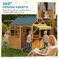 AIYAPLAY Casinha de Jogos Infantil de Madeira com Janelas Lousas Telhado e Toldo 173x117x144 cm Madeira Natural(m-7)