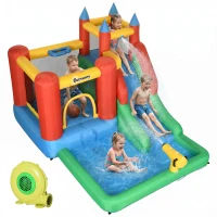 Outsunny Kids Inflatable Bouncy Castle Water Slide 5 in 1 Bounce House Jumping Castle Water Pool Gun Climbing Wall with Air Blower for Summer Playland(m-1)