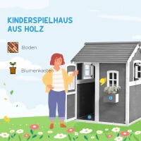Outsunny Speelhuis voor kinderen, huis voor binnen en buiten met deur, ramen en plantenbak, dennenhout, grijs(m-4)