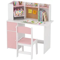 AIYAPLAY Bureau Enfant avec Chaise, Table d'Étude, Support de Tablette Réglable, Porte-Stylos, Panneau en Liège, 5-12 ans, Rose(m-18)