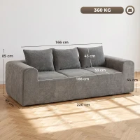 HOMCOM Canapé 3 Places en Chenille 220 cm, Canapé Salon Moderne avec Assise et Accoudoirs Larges, 3 Coussins, Gris(m-3)