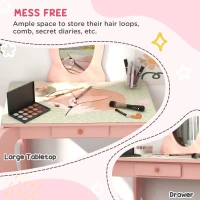 ZONEKIZ Toddler Bed Frame, Kids Dressing Table with Mirror and Stool, Cute Animal Design Kids Bedroom Furniture Set for Ages 3-6 Years, Pink(m-7)
