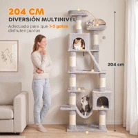 PawHut Árbol Rascador para Gatos 204 cm Multinivel con 2 Cuevas Hamaca 2 Camas Postes de Sisal Escalera y 2 Bolas Gris Claro(m-4)
