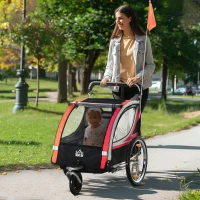 HOMCOM Remolque de Bicicleta para Niños +18 Meses 2 en 1 Cochecito de Paseo de 2 Plazas con Freno de Mano Cinturón de Seguridad Bandera y Reflectores 142x75x101 cm Rojo(m-10)