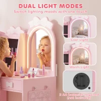 AIYAPLAY Kids Dressing Table, 3-in-1 Girls Vanity Set with Stool, 2-Colour Lights Mirror, Clothes Rack for Ages 3-8, Pink(m-5)