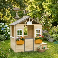 Outsunny Casita Infantil de Juegos Exterior para Niños de 3 -7 Años con Ventanas 2 Jardineras y 1 Banco 113x94x134,5 cm Natural(m-10)