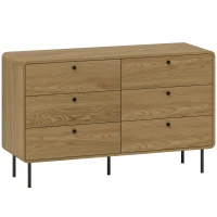 HOMCOM Commode 6 tiroirs meuble de rangement style moderne coins arrondis et pieds en acier 120 x 40 x 75cm effet bois de chêne(m-1)