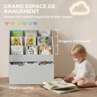 AIYAPLAY Bibliothèque pour enfants Multi-Rangement avec 3 niveaux d'étagères et un tiroir, 62,5L x 30l x 70H cm, gris(m-4)