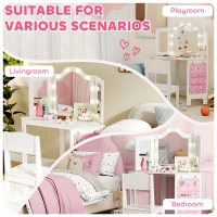 AIYAPLAY Kids Dressing Table and Stool Set, Girls Vanity Table with 2-Colour LED Lights, Tri-Folding Mirror, White(m-8)