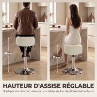 HOMCOM Tabouret de coiffeuse en chenille, tabouret de maquillage pivotant, tabouret de bar réglable en hauteur 51-66 cm, crème(m-4)