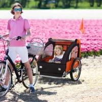 HOMCOM Rimorchio Bici Bambini con 2 Posti, 2 Cinture di Sicurezza, Telaio in Acciaio e Copertura in Tessuto Oxford Arancione(m-10)