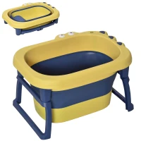 HOMCOM Vaschetta Bagnetto Neonato Pieghevole con Supporto Antiscivolo, Vaschetta da Bagno Portatile per Neonati e Bambini di 0-6 Anni con Foro di Scarico, 75.3x55.4x43cm, Blu e Giallo(m-1)