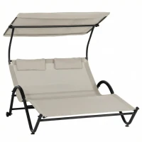 Outsunny Chaise longue bain de soleil transat avec auvent oreiller et roulettes en acier et polyester crème(m-12)