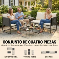 Outsunny Conjunto Jardín Exterior de 4 Piezas con 2 Sofás 2 Plazas 2 Mesas de Vidrio Cojines Fundas Extraíbles y Bolsillos Caqui(m-4)