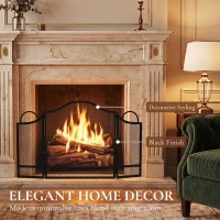 HOMCOM Floral 3-Panel Folding Fireplace Screen for Hearth Protection, Heat-Resistant Metal Fire Spark Guard, Black(m-6)