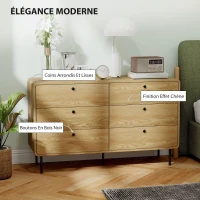 HOMCOM Commode 6 tiroirs meuble de rangement style moderne coins arrondis et pieds en acier 120 x 40 x 75cm effet bois de chêne(m-5)