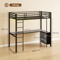 HOMCOM Metal Bunk Bed with Desk, High Sleeper Bed with LED Light and Safety Guardrail for Teens Adults, No Box Spring Needed(m-3)