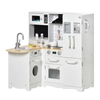 HOMCOM Cocina de Juguete de Madera para Niños de +3 Años con Sonidos 14 Accesorios Cocinita Infantil con Teléfono Fregadero Extraíble Microondas y Grifo 82x65x87 cm Blanco(m-12)
