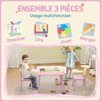 AIYAPLAY Table enfant avec chaise, ensemble table et 2 chaises en bois pour dessiner, jouer, étudier, rose(m-4)