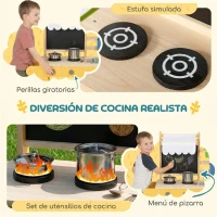 AIYAPLAY Cocina de Juguete Exterior de Madera con Ruedas Agua Real Macetas Pizarra y 15 Accesorios 84,2x34,4x90 cm Amarillo(m-7)
