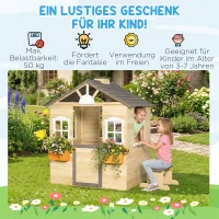 Outsunny Spielhaus Kinderspielhaus aus Holz mit Tür Fenster Briefkasten Blumentopfrack Gartenhaus für Jungen und Mädchen 3-7 Jahre Kinderspielzeug für Outdoor & Indoor Natur(m-4)