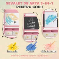 AIYAPLAY Tablă pentru Copii 3 în 1 cu Șevalet, Rola de Hârtie și 2 Coșuri, în Lemn, 54x46x94 cm, Roz(m-4)