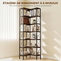 HOMCOM Bibliothèque d'angle à 6 niveaux, meuble de rangement en métal pour salon, chambre, bureau, 60x60x200cm, brun rustique(m-5)