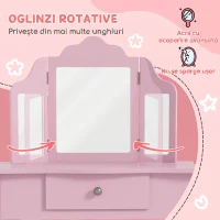 HOMCOM Măsuță de Toaletă pentru Copii cu Scăunel și Oglindă Triplă, din Lemn și Acrilic, 63 x 40 x 85,5 cm, Roz(m-6)