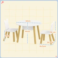 AIYAPLAY Set con Tavolo e 2 Sedie per Bambini con Schienale a Orsetto, Tavolino con Vano Contenitore, Bianco(m-3)