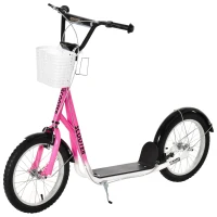 HOMCOM Kids Scooter, Kick Stunt Scooter with Adjustable Handlebar, Dual Brakes, Basket, Cupholder, Mudguard, 16" Inflatable Rubber Wheels, for 5-12 years, Pink(m-10)